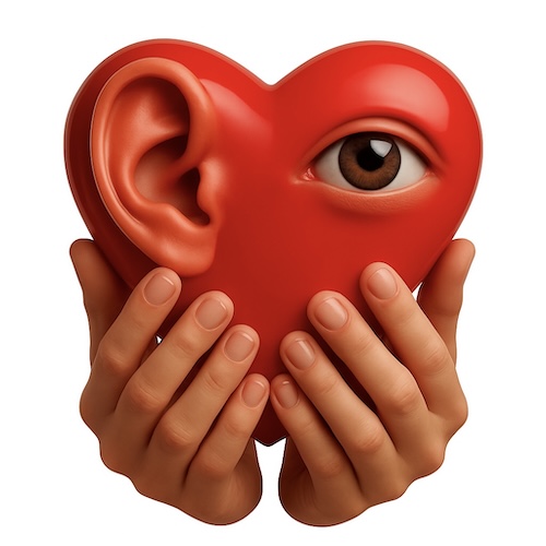 Herz umfasst von Händen mit Ohr und Auge Herz umfasst von Händen mit Ohr und Auge