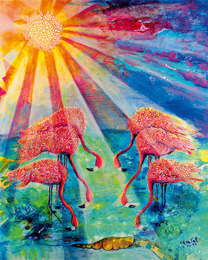 Gemaltes Bild Flamingos unter Sonne Gemaltes Bild Flamingos unter Sonne