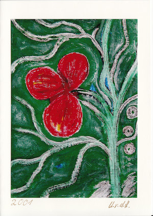 Gemalte Pflanze mit drei grossen roten Bluetenblaettern