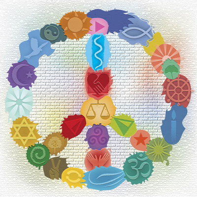 Farbiges Friedenszeichen mit Zeichen vieler Religionen