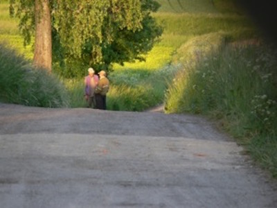 Unterhaltende Maenner auf einer Landstrasse