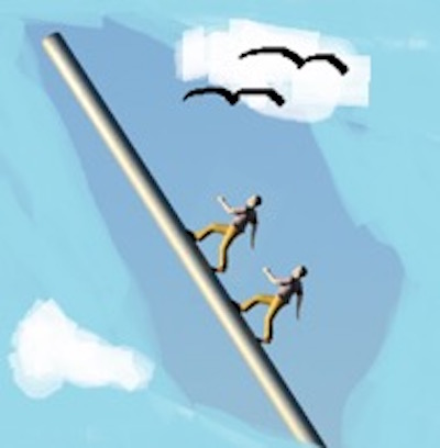 2 Personen auf einem Stahlrohr gen Himmel gehend