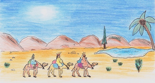 Wandbild der heiligen drei Könige auf Kamelen
