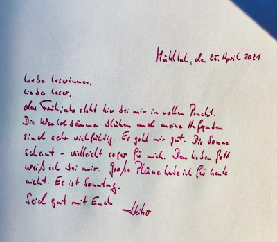 Handgeschriebener Brief mit dem Schlusssatz: Sei gut mit dir