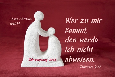 Jahreslosung und Statue mit segnendem Jesus 