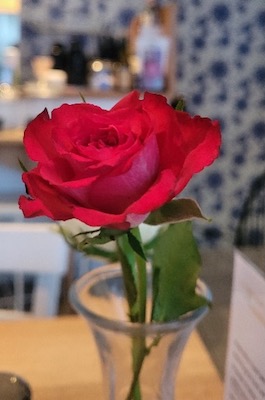 Einzelne rote Rose auf einem Tisch