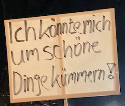 Demoplakat mit dem Satz: Ich könnte mich um schöne Dinge kümmern!