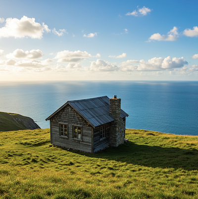 Haus auf grasbewachsener Klippe am Meer Haus auf grasbewachsener Klippe am Meer