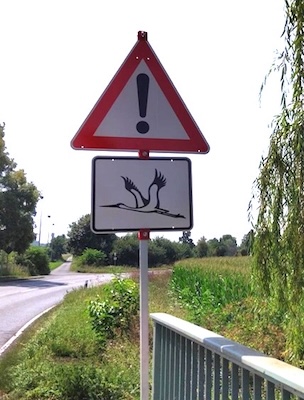 Warnschild vor Störchenflug